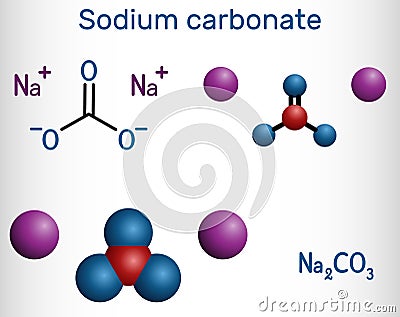 Sodium carbonate, Na2CO3, natrium carbonate, washing soda, soda ash molecule. It is disodium salt of carbonic acid, is organic Vector Illustration