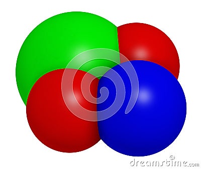 Sodium chlorite, chemical structure. 3D rendering. Atoms are represented as spheres with conventional color coding: chlorine ( Stock Photo