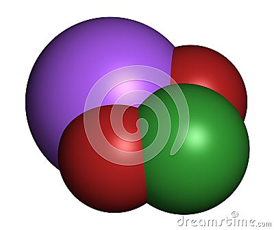 Sodium chlorite, chemical structure. 3D rendering. Atoms are represented as spheres with conventional color coding: chlorine ( Stock Photo