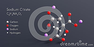 sodium citrate molecule 3d rendering, flat molecular structure with chemical formula and atoms color coding Stock Photo