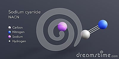 sodium cyanide molecule 3d rendering, flat molecular structure with chemical formula and atoms color coding Stock Photo