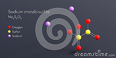 sodium metabisulfite molecule 3d rendering, flat molecular structure with chemical formula and atoms color coding Stock Photo