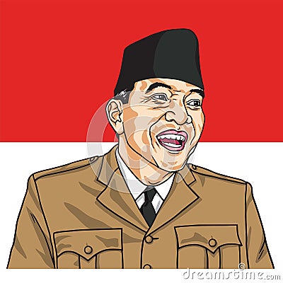 Soekarno the First President of Republic of Indonesia. Vector Portrait with Indonesian Flag Background. November 1, 2017 Vector Illustration
