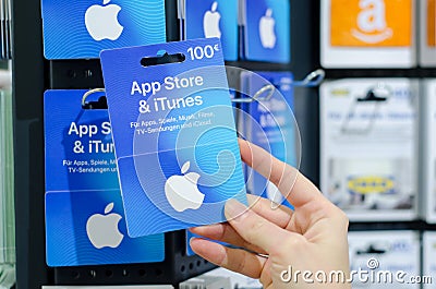 Soest, Germany - January 8, 2019: App Store & iTunes Gift Cards for sale in the shop Editorial Stock Photo