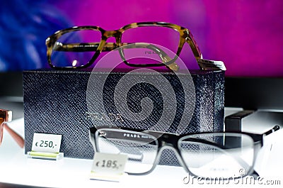 Soest, Germany - January 14, 2019: PRADA glasses in the shop window Editorial Stock Photo