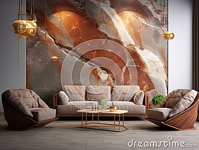 Sofa and armchairs near stone 3d panel wall with copper decorative abstract wall decor. Interior design of modern room Stock Photo