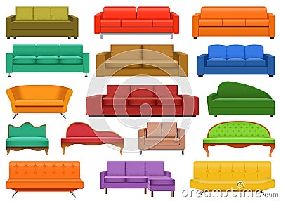 Sofa chair room couch mockup set, realistic style Vector Illustration