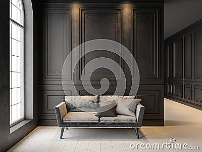 Sofa in classic black interior. 3D render mock up. Stock Photo