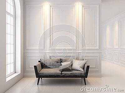 Sofa in classic white interior. 3D render interior mock up. Stock Photo