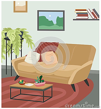 Sofa couch in scandinavian hygge cozy interior, comfortable living room home apartment Vector Illustration