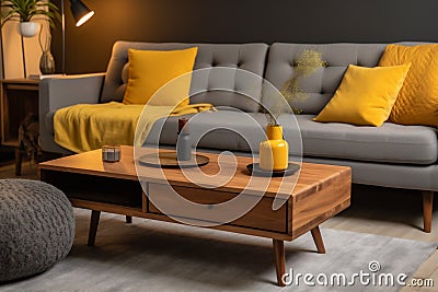 pillow home interior cushion yellow decor sofa modern house table grey. Generative AI. Stock Photo