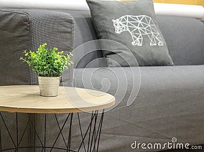 Sofa with cushion and side table with flower pot Stock Photo