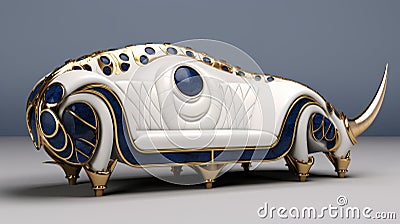 Luxurious Fantasy Leather Couch In Chrome And Gold With Futuristic Classical Style Stock Photo