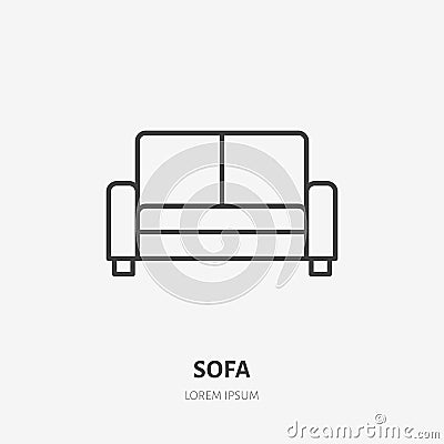 Sofa flat line icon. Apartment furniture sign, vector illustration of living room couch. Thin linear logo for interior Vector Illustration