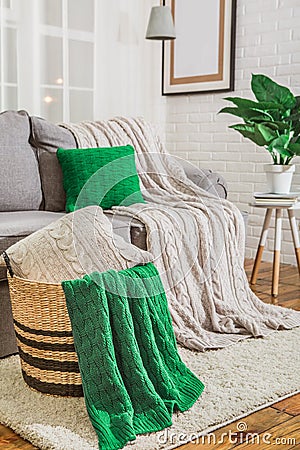 Sofa with green plaid in the interior Stock Photo