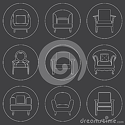 Sofa Icons Set White Line On Black Background Vector Illustration