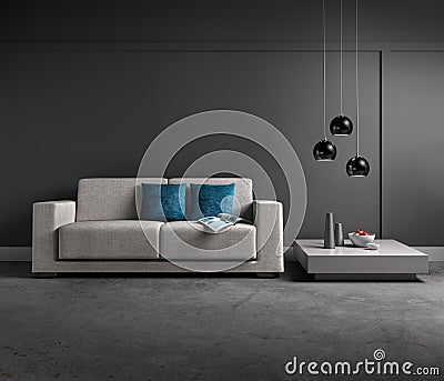 Sofa in a modern dark living room Cartoon Illustration