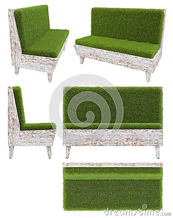 Sofa in old wood with grass cover. Garden furniture. Top view, side view, front view. Isolated on white background. 3D render. Stock Photo