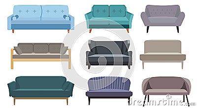 Sofa set. Collection of sofa in flat style. Vector cartoon illustration. Collection of comfortable lounge for interior design Vector Illustration
