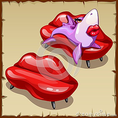 Sofa in shape of lips and shark with red lipstick Vector Illustration