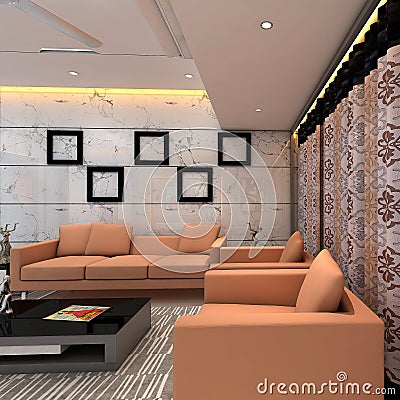 sofa sitting illustration in living room, orange sofa design,3D illustration Cartoon Illustration