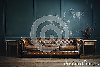 sofa, used and old, fashionable comfortable and stylish, by the cracked wall Stock Photo