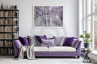 Sofa with violet pillows against window near wall with poster and bookcases, Scandinavian home interior design of modern room Stock Photo