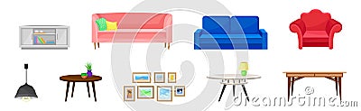 Sofa, Wall Pictures, Table, Armchair and Bookshelf as Furniture Items Vector Set Vector Illustration