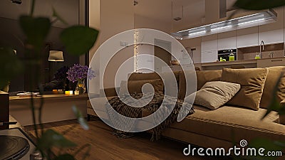 Sofa by the Window Inside a Softly Illuminated Open Plan Living Room at Night Stock Photo