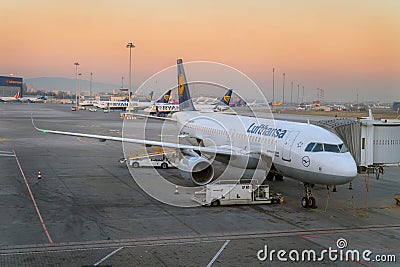 SOFIA, BULGARIA - March, 2019: Lufthansa and Ryanair commercial airplanes at sunrise at the airport ready to take off. Plane Editorial Stock Photo