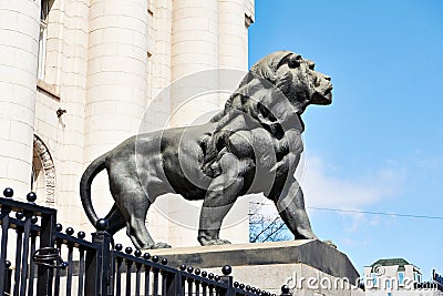 Sofia, Bulgaria, March 30, 2023 Statue of lion near Judicial Chamber in city of Sofia Editorial Stock Photo