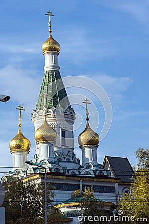 Sunset view of Golden Domes Russian church in Sofia, Bulgaria Editorial Stock Photo