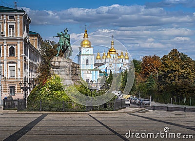 Sofievskaya Square with Bohdan Khmelnytsky Monument and St. Michael`s Golden-Domed Monastery - Kiev, Ukraine Editorial Stock Photo