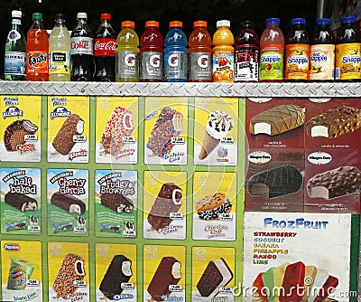 Soft beverages and ice cream at vendors cart in Central Park Editorial Stock Photo