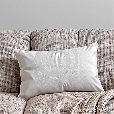 A soft blank pillow placed on a relaxing sofa with a patterned design, perfect for showcasing branding mockups or design projects Stock Photo