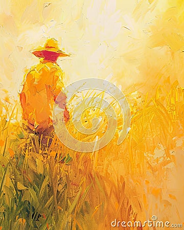 In soft brushstrokes, this impressionistic oil painting captures a figure by the cornfield in the warm light of the Stock Photo