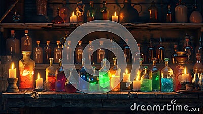 Soft candlelight illuminates the array of colorful potions and elixirs on display evoking a sense of mysterious Stock Photo