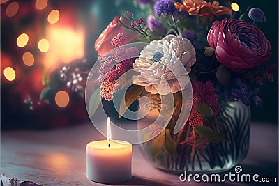 Soft candlelight next to a vase of gorgeous flowers Stock Photo