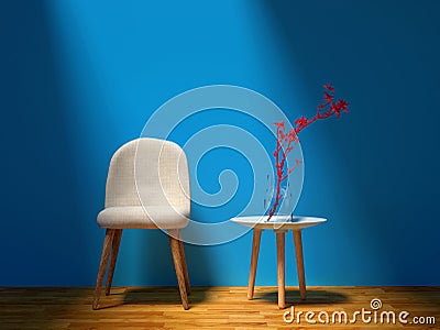 Soft chair and red plant - blue wall living room Stock Photo