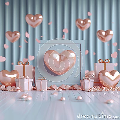 Soft colored Valentines Day illustration with hearts and gifts, 3D rendering Cartoon Illustration
