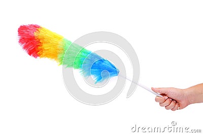 Soft colorful duster with plastic handle Stock Photo