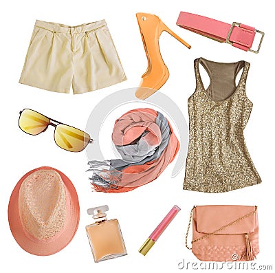 Soft colors female clothes and accessories isolated. Stock Photo