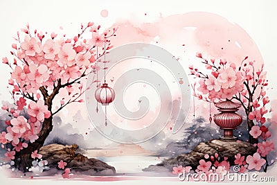 A soft and dreamy watercolor background incorporating elements like cherry blossoms, lanterns, and traditional patterns, suitable Stock Photo