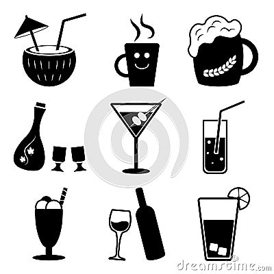 Soft drinks and alcohol beverages types, vector set Stock Photo