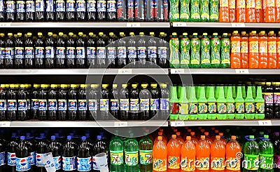 Soft Drinks And Beverages In Supermarket Editorial Stock Photo
