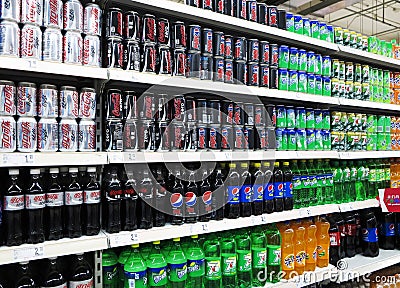 Soft Drinks And Beverages In Supermarket Editorial Stock Photo