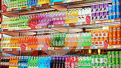 Soft drinks and beverages in supermarket Editorial Stock Photo