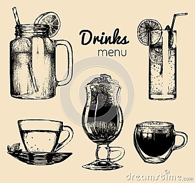 Soft drinks and glasses for bar,restaurant,cafe menu. Hand drawn beverages vector illustrations set,lemonade,coffee,tea. Vector Illustration