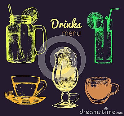 Soft drinks and glasses for bar,restaurant,cafe menu. Hand drawn beverages vector illustrations set,lemonade,coffee,tea. Vector Illustration