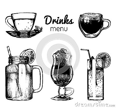 Soft drinks and glasses for bar,restaurant,cafe menu. Hand drawn beverages vector illustrations set,lemonade,coffee,tea. Vector Illustration